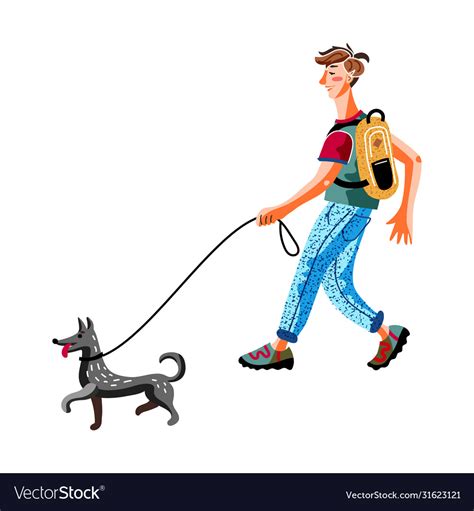 Young man walking dog on leash isolated white Vector Image