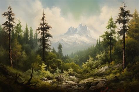 Premium AI Image | A painting of a forest with a mountain in the background