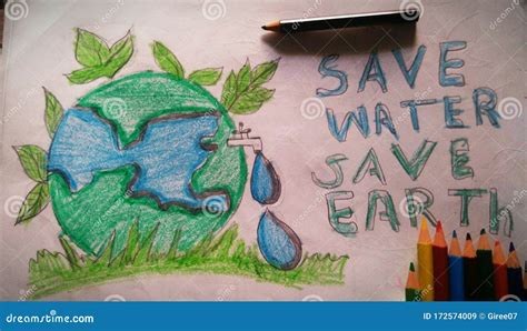 Save Water Save Earth Kid Drawing. Stock Image - Image of climate ...