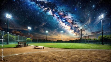 Dark, eerie baseball field at night with empty bleachers under starry ...