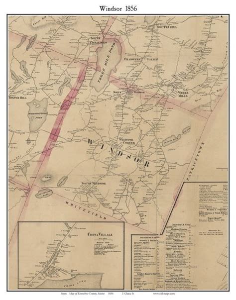 Windsor, Maine 1856 Old Town Map Custom Print - Kennebec Co. | Town map ...