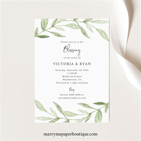 Marriage Blessing Ceremony Invitation Template, Greenery Leaves ...