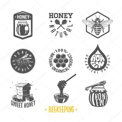 Beekeeping. Set of vintage honey labels, badges, logotypes and design elements. Apiary logo ...