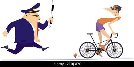 Angry traffic policeman running after cyclist woman. Frightened cycling woman trying to ride ...