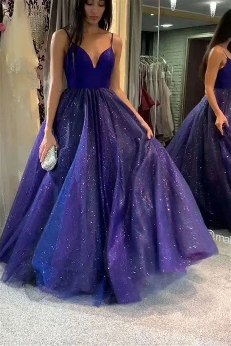 New Arrival Sparkle Purple A-Line Tulle Spaghetti Straps Prom Dresses PL393 in 2020 | Prom ...