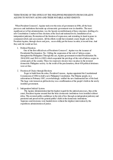 (DOC) TERM/TENURE OF THE OFFICE OF THE PHILIPPINE PRESIDENTS FROM CORAZON AQUINO TO NOYNOY AUINO ...