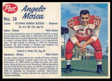 1962 Post CFL Football Card #18: Angelo Mosca