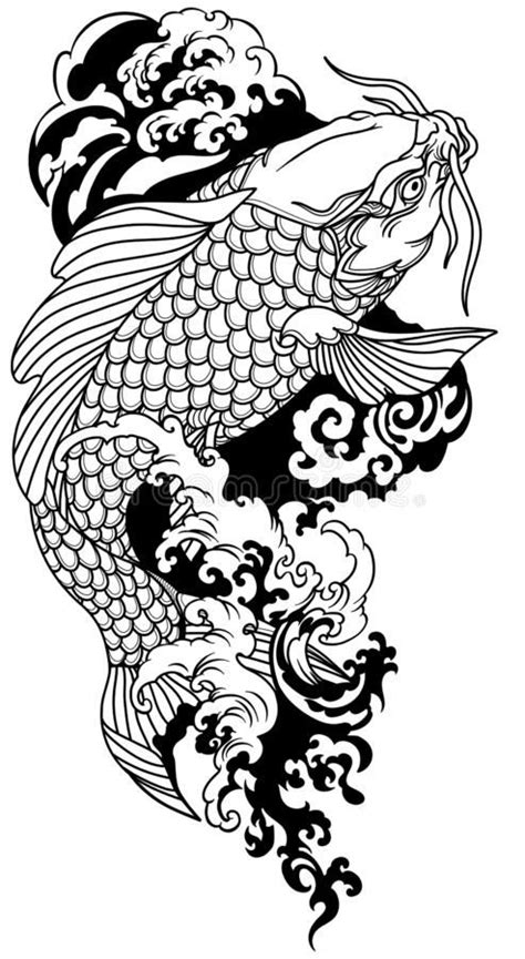 Japanese Koi Carp Swimming Upstream. Black and White Tattoo Stock Vector - Illustration of a ...