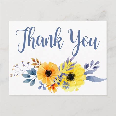 Floral Blue Thank You Yellow Watercolor Flowers Postcard | Zazzle