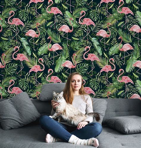 Tropical Wallpaper With Pink Flamingo Tropical Leaves - Etsy