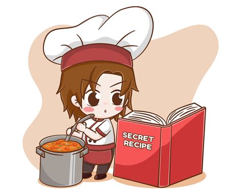 Cute chef boy cooking with secret recipe book cartoon illustration ...