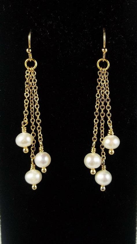 White Pearl Earrings, Chain Tassel Earrings, Chain Dangle Drop Earrings, Bridesmaid Jewelry ...