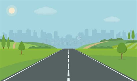 Cartoon Highway. Empty Road With City Skyline On Horizon And Nature Landscape, Highway View ...