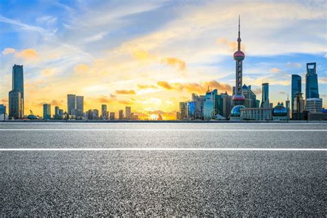 Shanghai Morning City Landscape and Asphalt Road Stock Photo - Image of landmark, destination ...