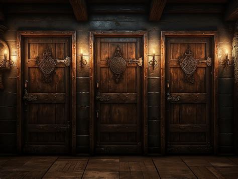 Premium AI Image | Three Wooden Doors in a Dark Room