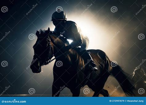 Horse Racing at Sunset. Silhouette of Thoroughbred and Jockey. Generative AI. Stock Illustration ...