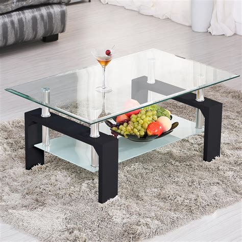 Ktaxon Rectangular Glass Coffee Table Shelf Wood Living Room Furniture ...