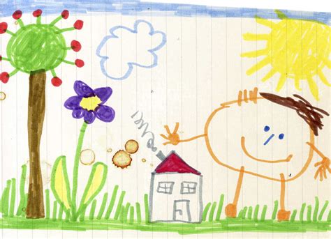 Child's drawing, happy child, house and garden stock photo