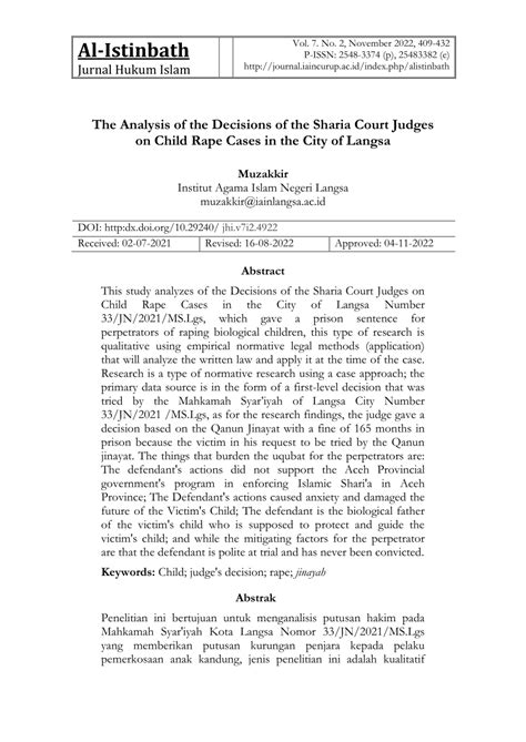 (PDF) The Analysis of the Decisions of the Sharia Court Judges on Child Rape Cases in the City ...