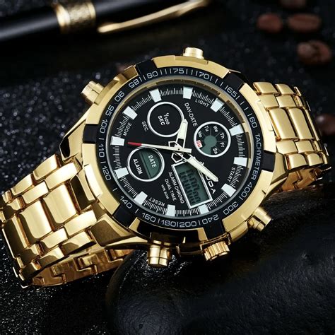 Amuda Mens Sport Watch Led Gold Big Face Quartz Watch Men Waterproof ...