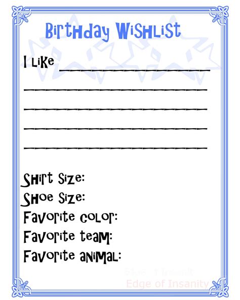 Edge of Insanity: FREE Birthday Wishlist Printable!