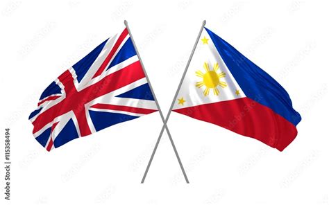 3d illustration of UK and Philippines flags together waving in the wind ...