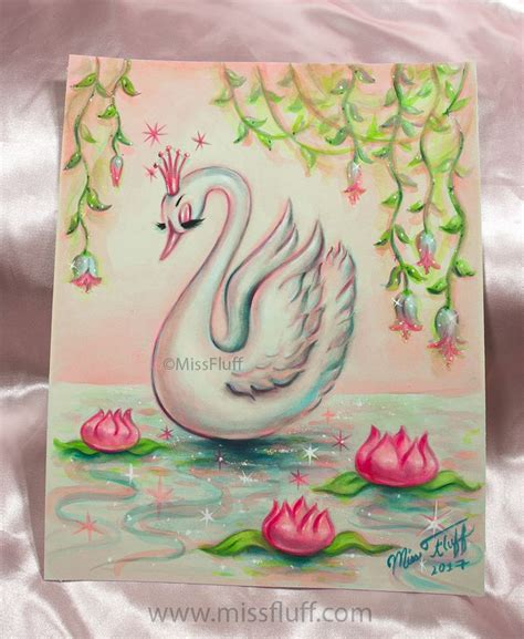 A very beautiful swan wearing a pink tiara floats on a sparkling pond. Perfect for your vintage ...