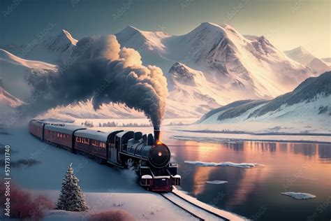 Snowy mountains with a steam locomotive train winding through the ...