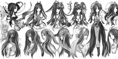 anime woman, long hair, fantasy theme, front side/back/view char ...