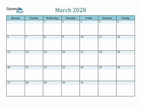 March 2028 Monthly Calendar Template (Monday Start)