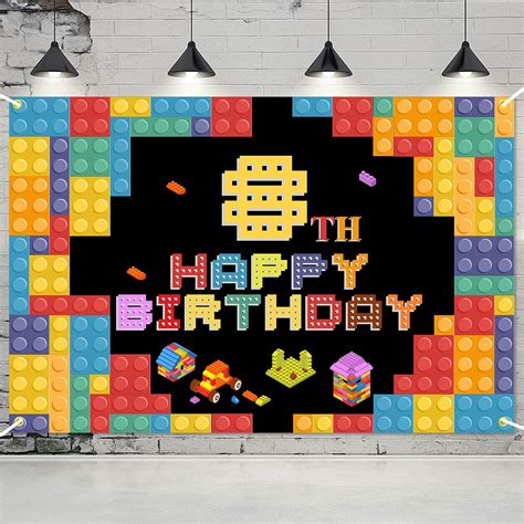 Amazon.com: Happy 8th Birthday Banner Backdrop Colorful Building Blocks ...