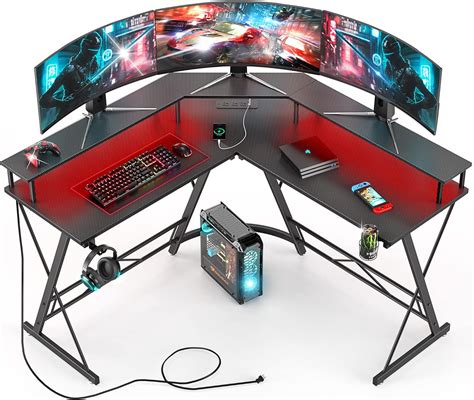 HYTXEN Gaming Desk with Led Lights and Power Strip L Shaped Desk Corner Computer Desk with ...