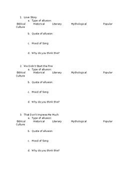 Allusions in Songs Student Worksheet by English and Literary Resources