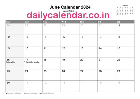 June (Month) 2024 Calendar with Holidays India, Check Events