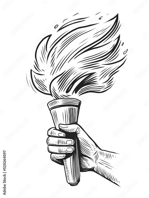 Torch with flaming fire in hand sketch. Shining torch on raised hand isolated. Vector ...