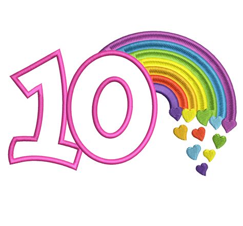 Cute Rainbow Birthday Number 10 TEN machine embroidery applique designs ...