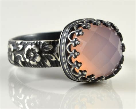 Pink Chalcedony Ring in Sterling Silver Faceted Cushion Pink