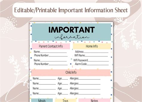 Editable and Printable Important Information Template Digital Download Printable Information ...