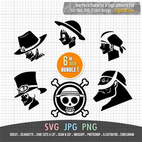 One Piece Character Silhouette Straw Hat Pirate Logo Clipart Bundle 6 in 1 Cut Files Vector ...