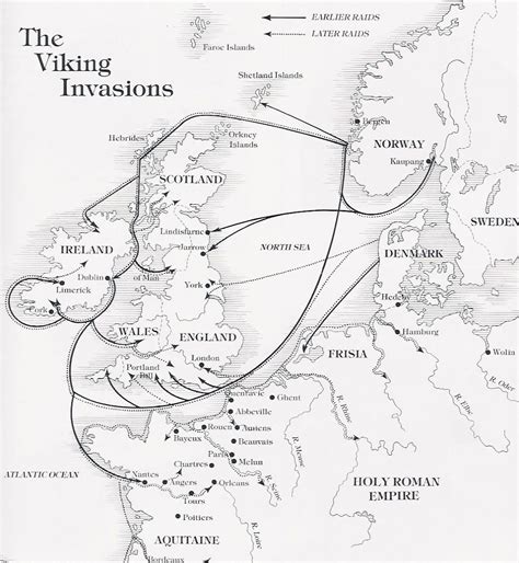 Map showing the principal routes of Viking invasion of England and Europe. Note in particular ...