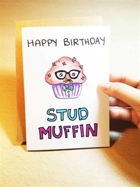 Funny Birthday card boyfriend, Happy Birthday Stud Muffin, hand drawn card for best friend, hus ...