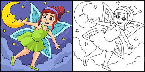 Premium Vector | Flying Fairy Coloring Page Colored Illustration