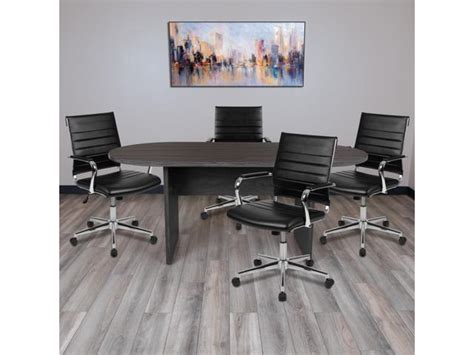 5 Piece Rustic Gray Oval Conference Table Set with 4 Black LeatherSoft Ribbed Executive Chairs ...