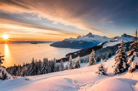 Premium Photo | A beautiful sunrise over a snowy mountain range.