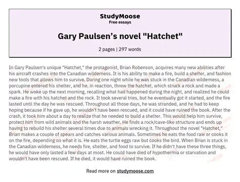 Gary Paulsen’s novel "Hatchet" Free Essay Example