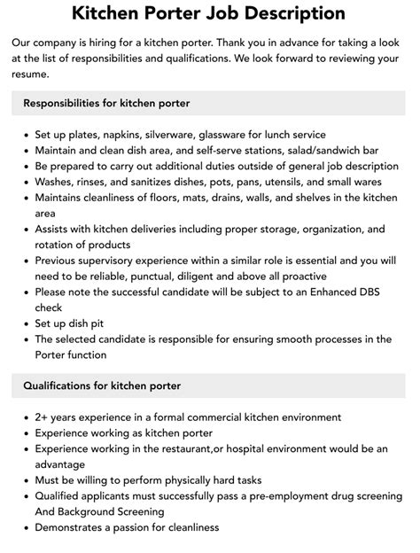 Kitchen Porter Job Description | Velvet Jobs