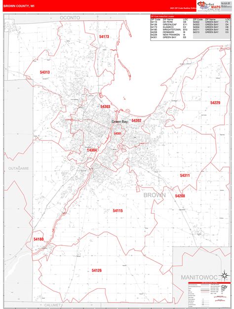 Brown County, WI Zip Code Wall Map Red Line Style by MarketMAPS