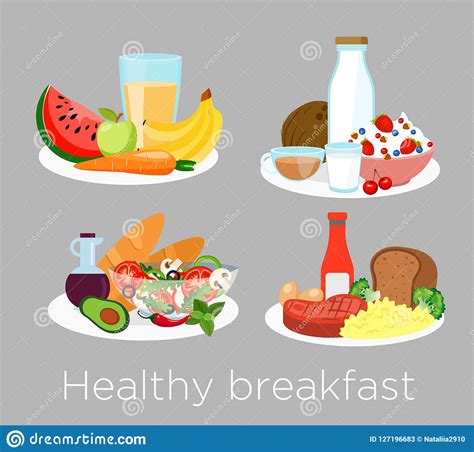 Vector Illustration Set of Different Types of Healthy Breakfast Food in Cartoon Style. Lunch ...