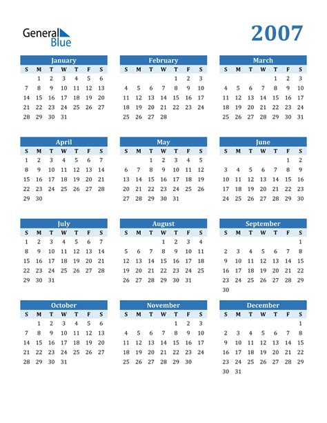 2007 Calendar (PDF, Word, Excel)