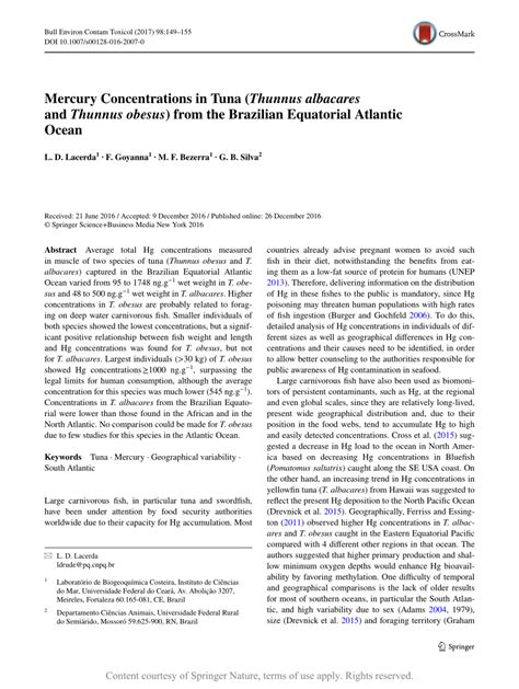 Mercury Concentrations in Tuna (Thunnus albacares and Thunnus obesus) from the Brazilian ...